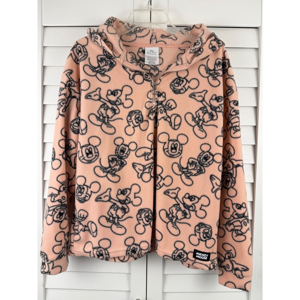 Disney Mickey Mouse Fleece Hoodie XL (15/17 Juniors) Pink Quarter Zip Pullover